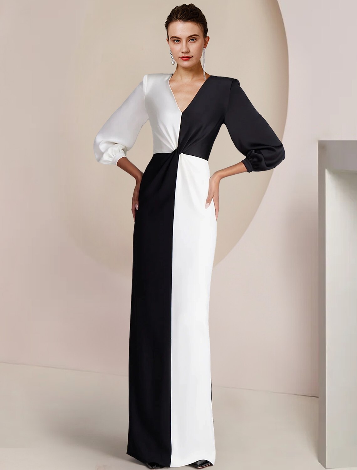 Sheath / Column Mother of the Bride Dress Formal Wedding Guest Party Elegant V Neck Floor Length  Satin 3/4 Length Sleeve with Color Block
