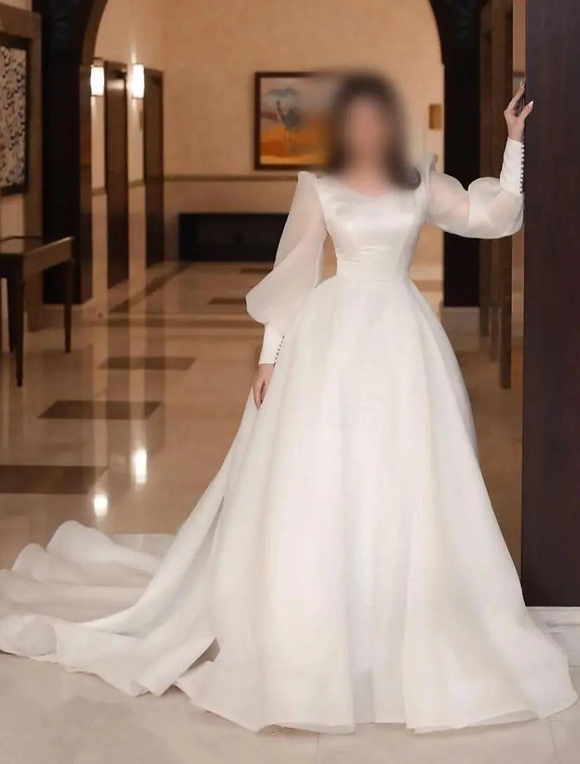Vestidos de novia formales de salón, corte A, escote en V, manga larga, cola capilla, satén, color liso