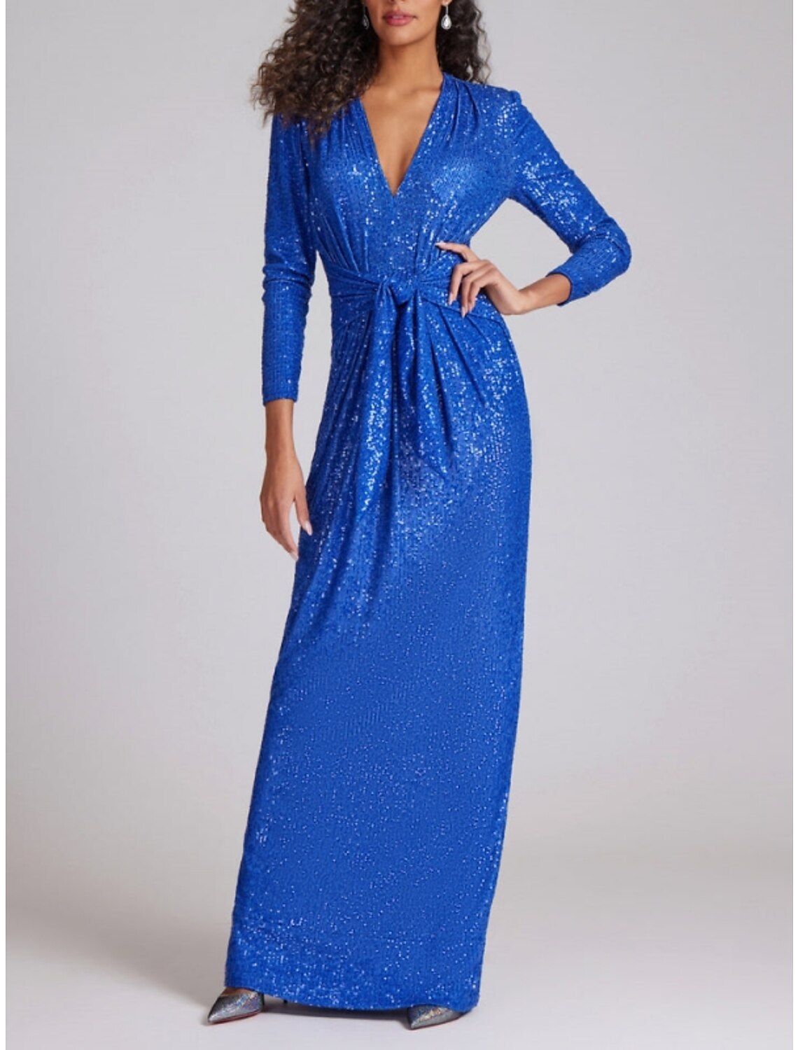 Royal Blue Sequin V-Neck Floor-Length Sheath Evening Dress
