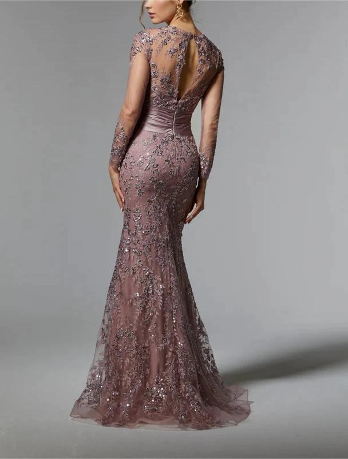 Mermaid / Trumpet Mother of the Bride Dress Wedding Guest Elegant Jewel Neck Sweep / Brush Train  Satin Long Sleeve with Lace Sequin Ruching