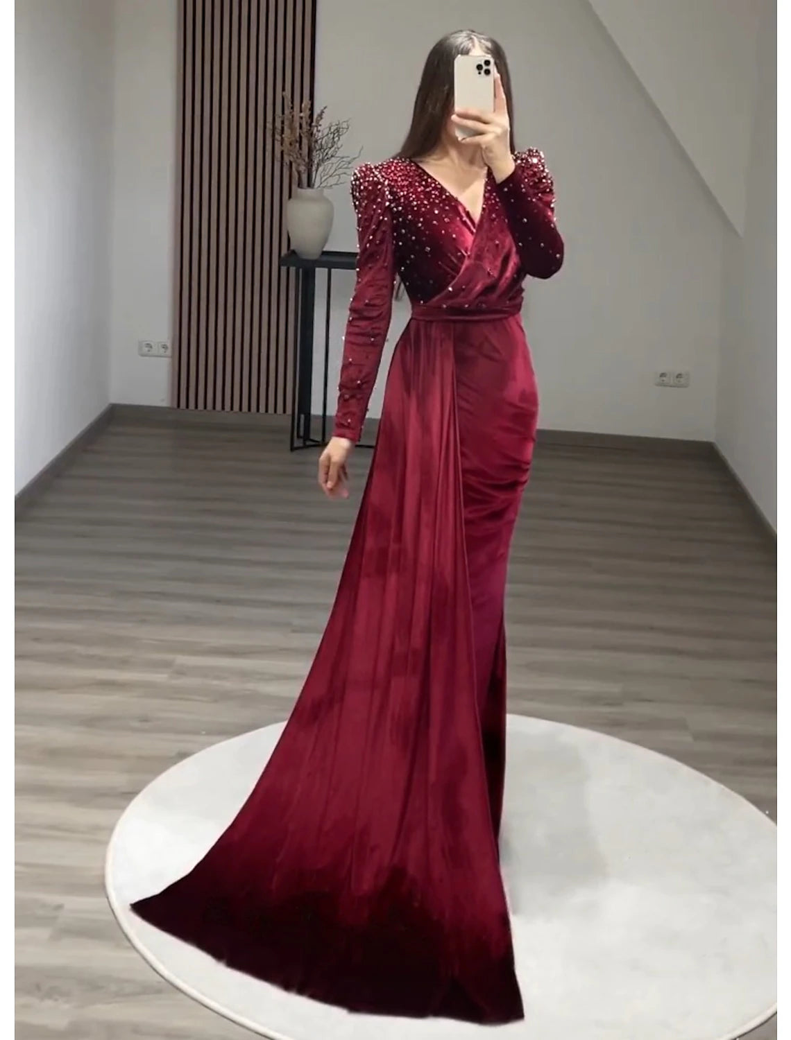 Black Velvet Sheath/column Floor-Length Dress with V-Neck and Embellished Bodice
