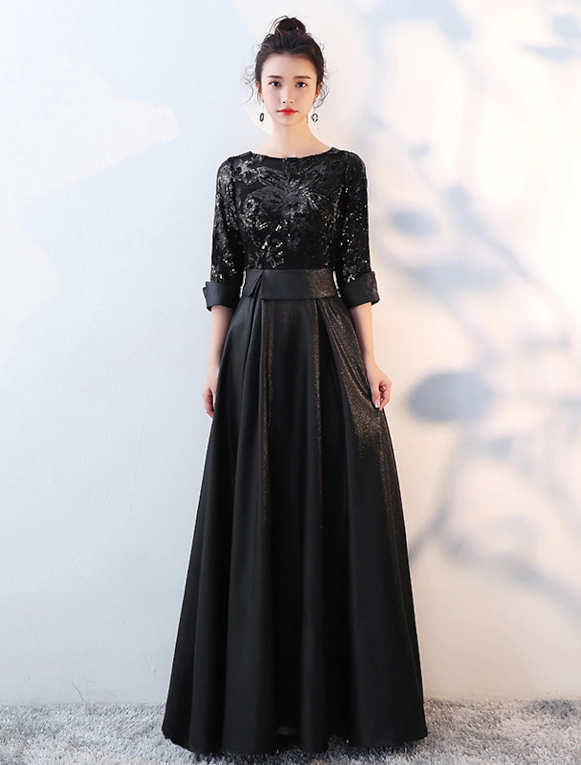 Gold Sequin & Satin A-Line Floor-Length Evening Dress