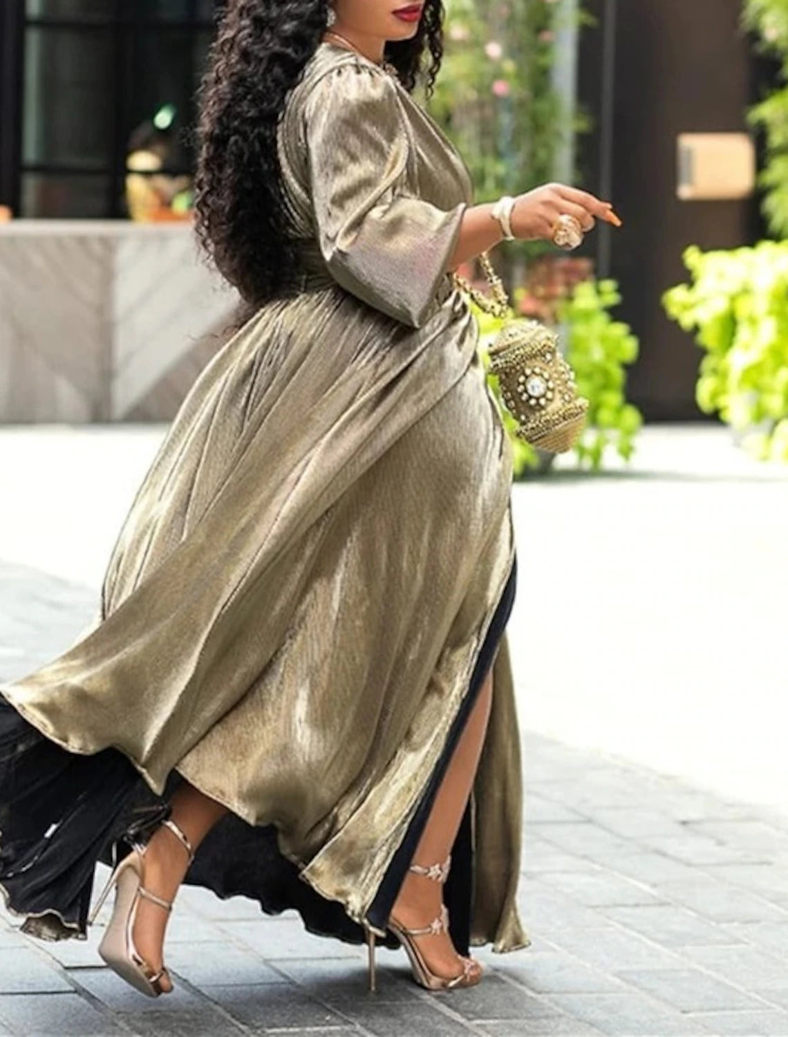 Abiti da ballo a trapezio, scintillanti, per le feste, per gli invitati alle nozze, lunghi fino al pavimento, maniche lunghe, scollo a V, tessuto in lurex con spacco glitterato