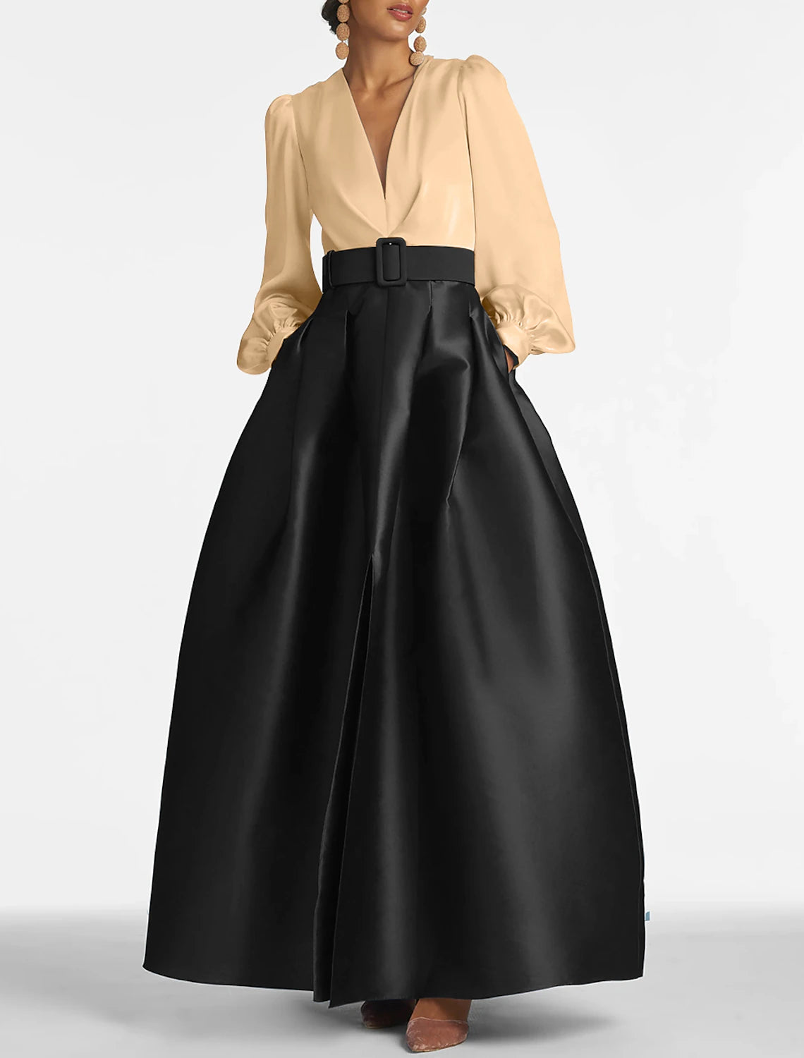 Abito da sera a trapezio con spacco alto, abito da cerimonia per invitati a nozze, lunghezza al pavimento, manica lunga, scollo a V, cintura/fascia in raso con spacco a pieghe