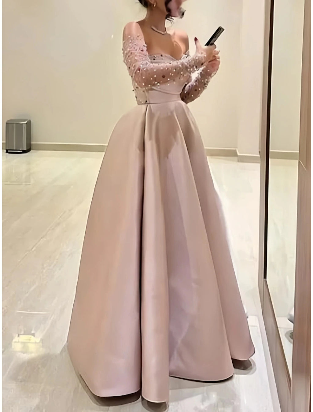 Vestido de noche de corte A, estilo princesa, formal, largo hasta el suelo, manga larga, escote corazón, satén, fruncido, con cuentas