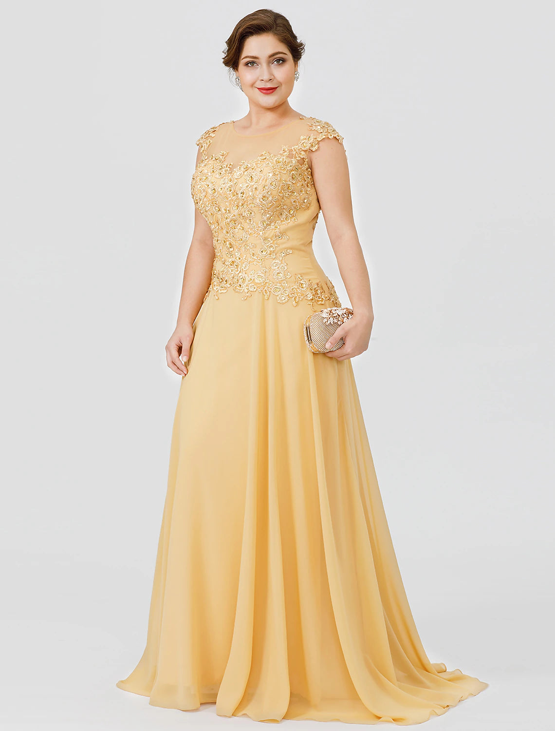 Champagne Chiffon A-Line Floor-Length Evening Dress with Embroidered Bodice