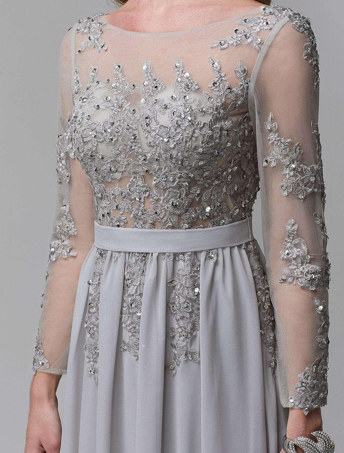 Grey Chiffon A-Line Floor-Length Evening Dress with Embellished Illusion Bodice