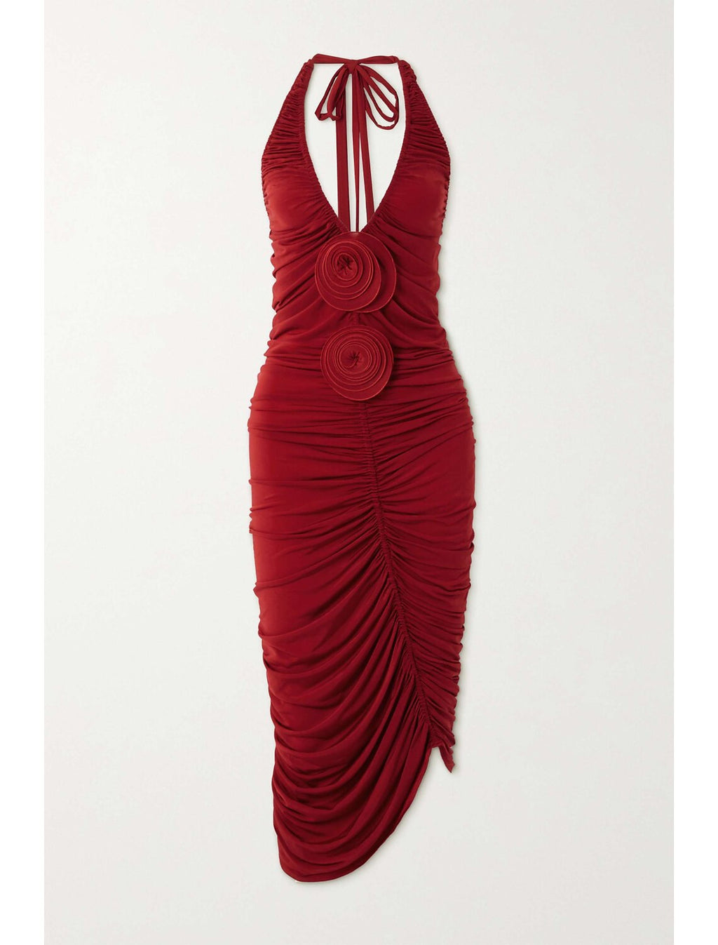 Red Stretch Knit Sheath/Column Short Halter Neck Ruched Rosette Evening Dress