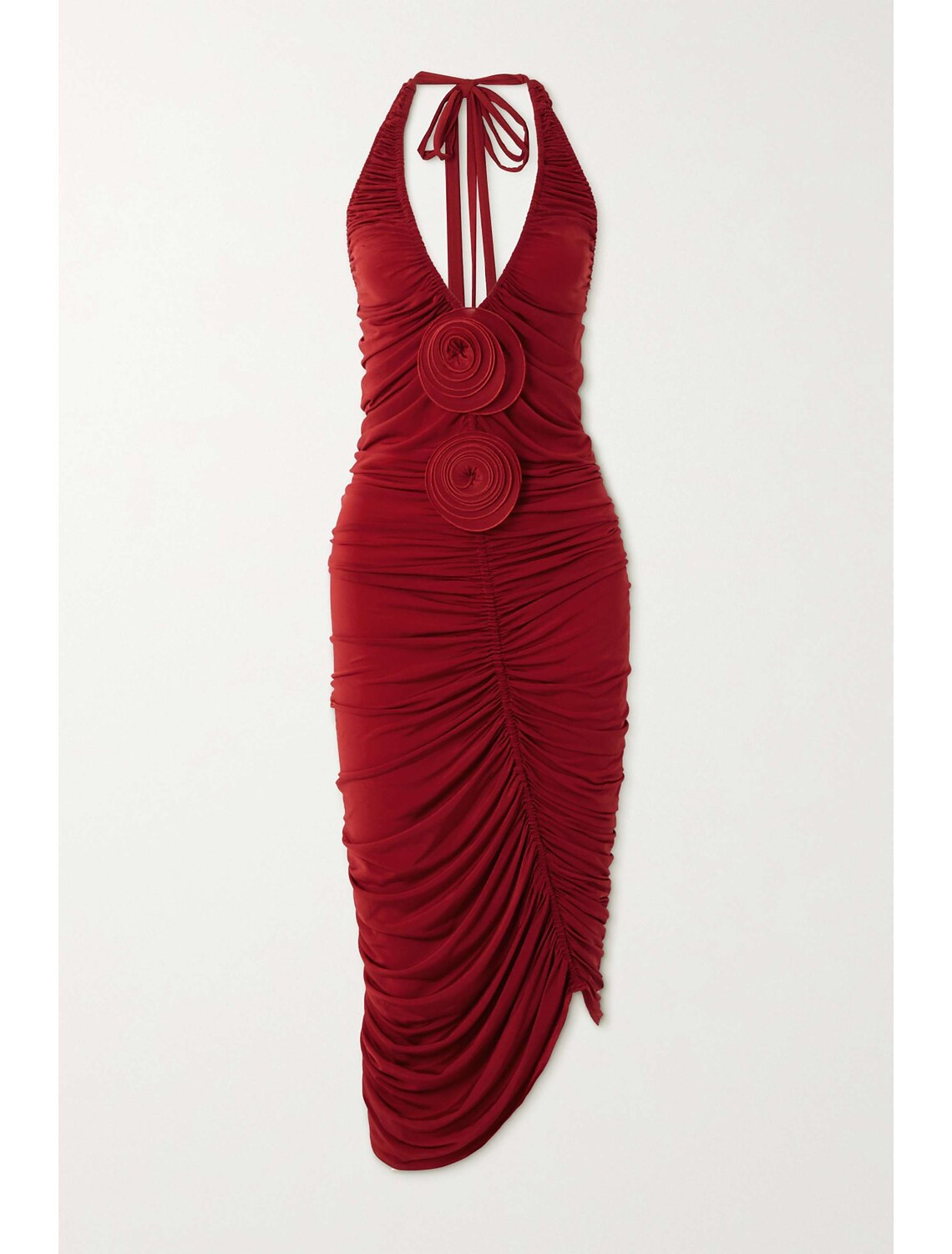 Red Stretch Knit Sheath/Column Short Halter Neck Ruched Rosette Evening Dress
