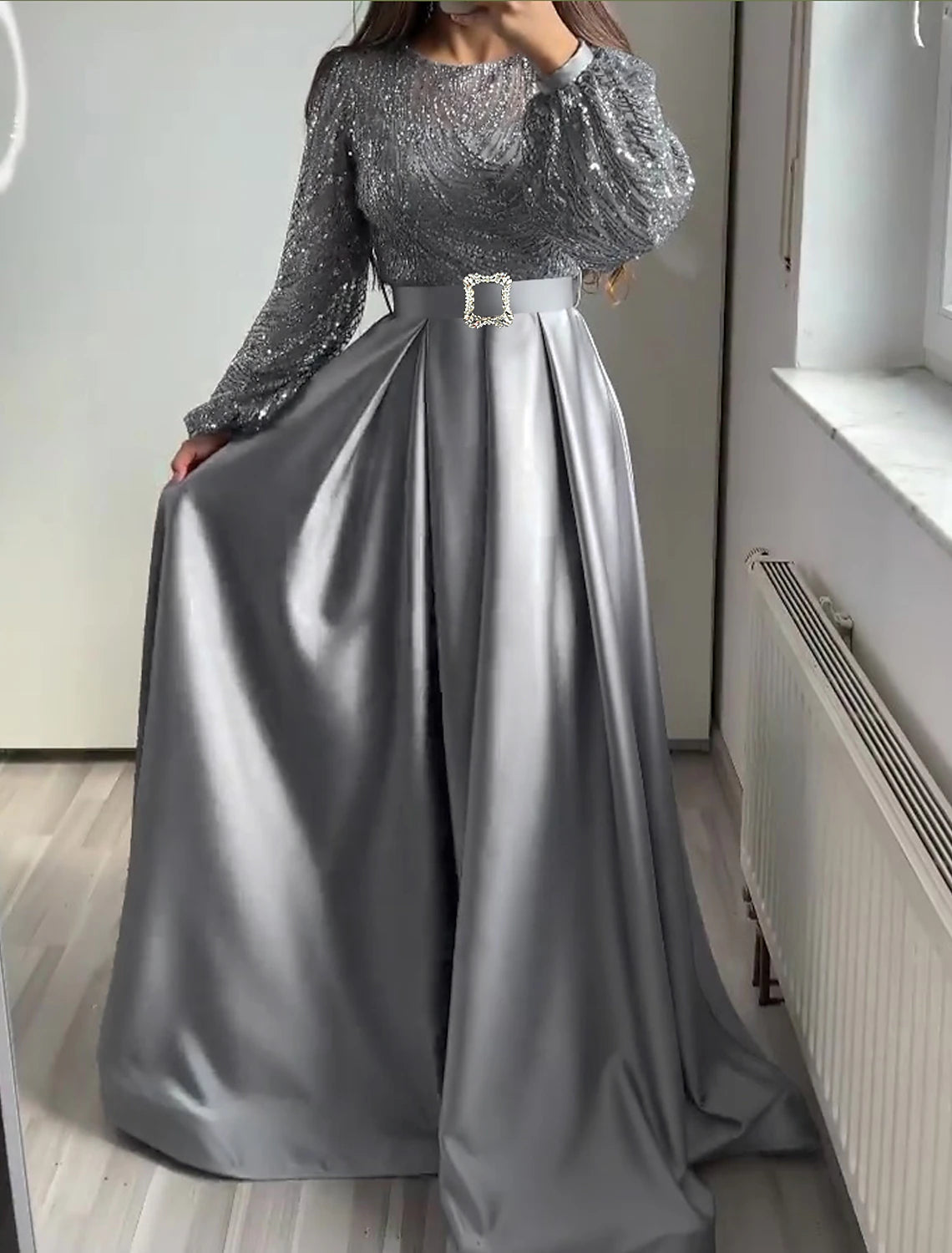 A-Line Evening Gown Elegant Dress Wedding Black Tie Floor Length Long Sleeve Jewel Neck Fall Wedding Guest Satin with Sequin