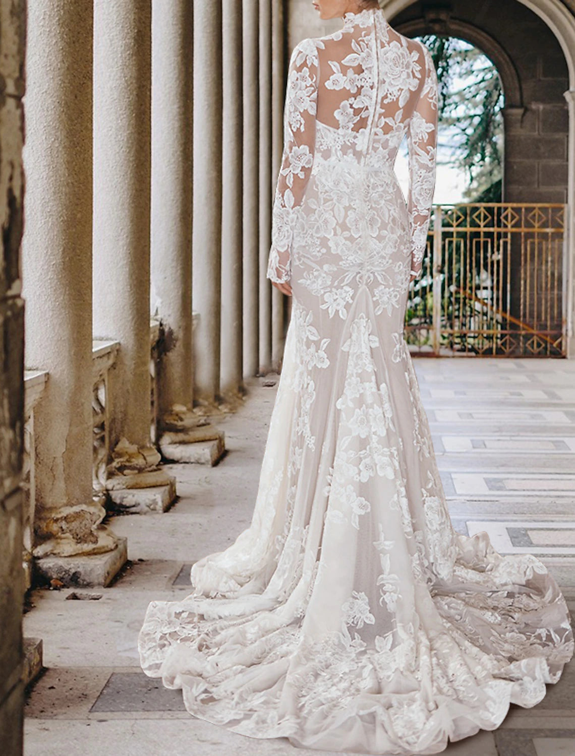 Ivory Lace High Neck Mermaid Floor-Length Evening Dress