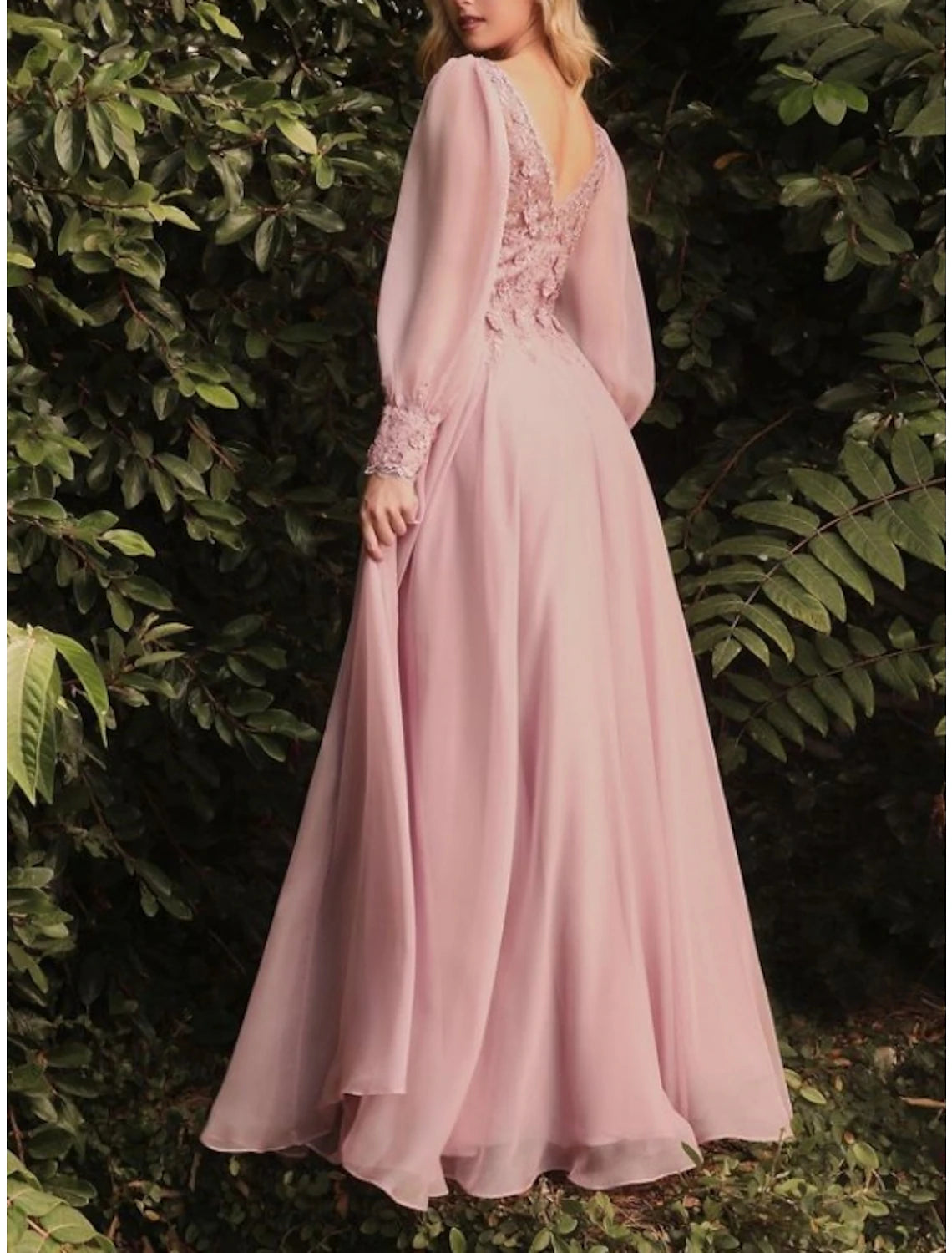Dusty Rose Chiffon A-Line V-Neck Floor-Length Bridesmaid Dress with Bishop Sleeves