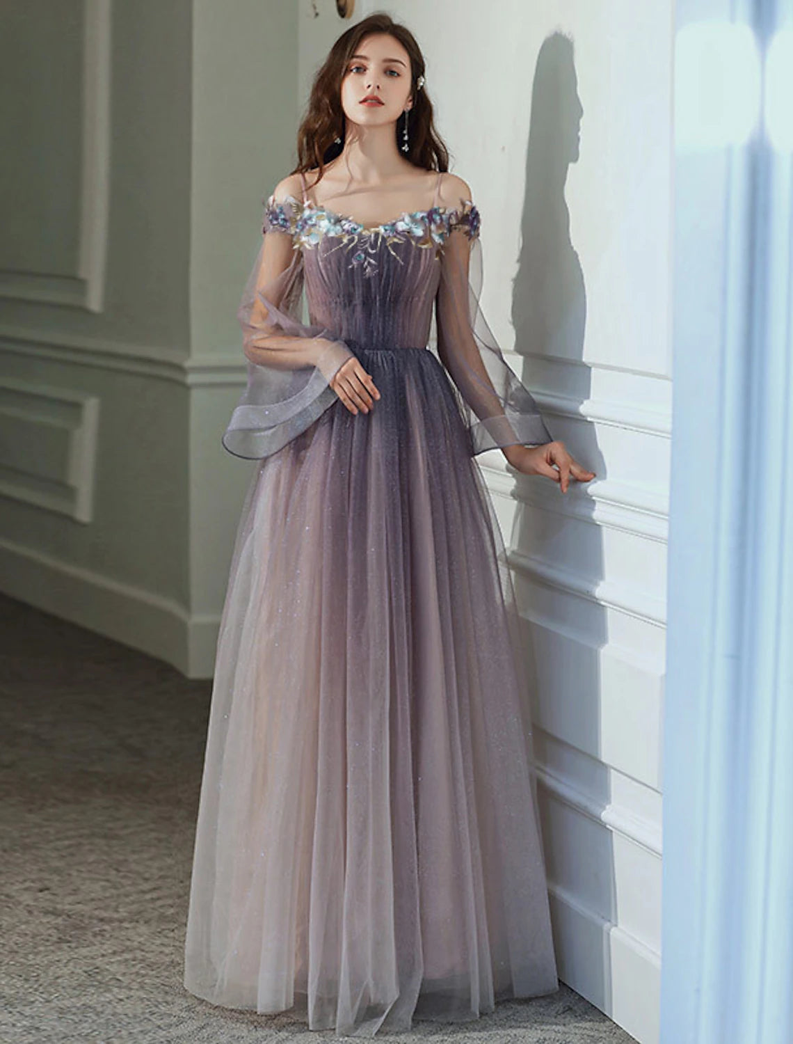 Lavender Off-the-Shoulder A-Line Floor-Length Evening Dress with Ombre Glitter Skirt