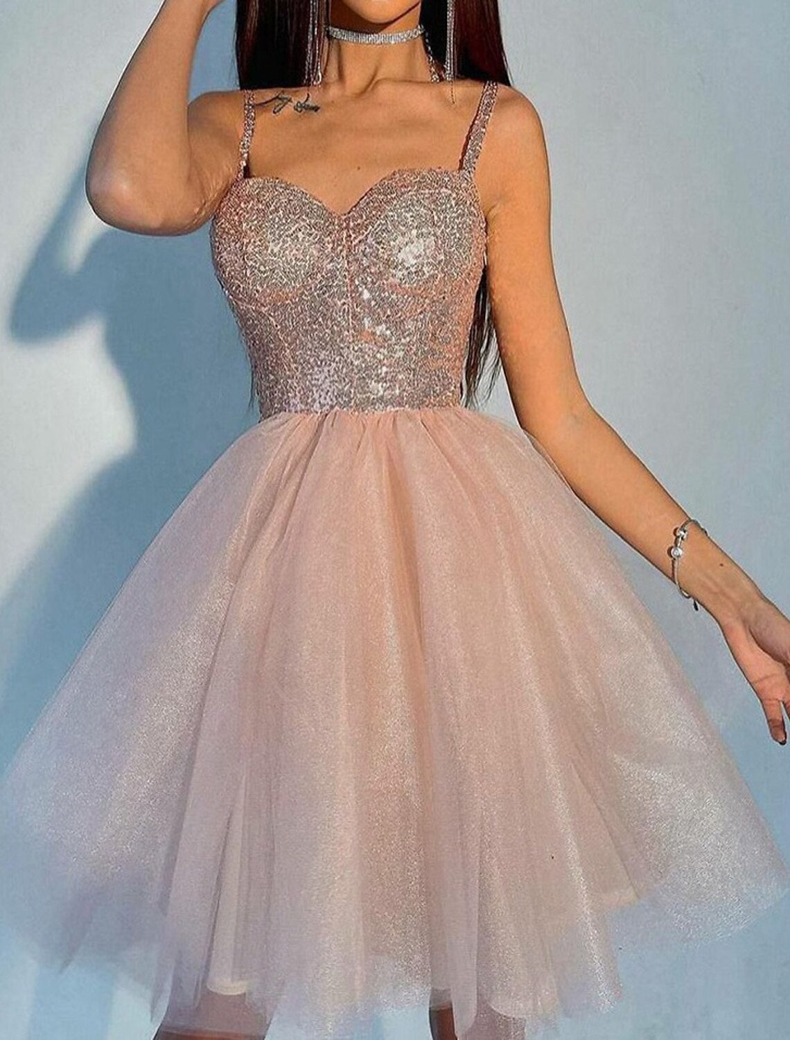 Ball Gown A-Line Sparkle & Shine Puffy Cocktail Party Prom Dress Spaghetti Strap Short Sleeve Knee Length Tulle with Sequin Tier 2025