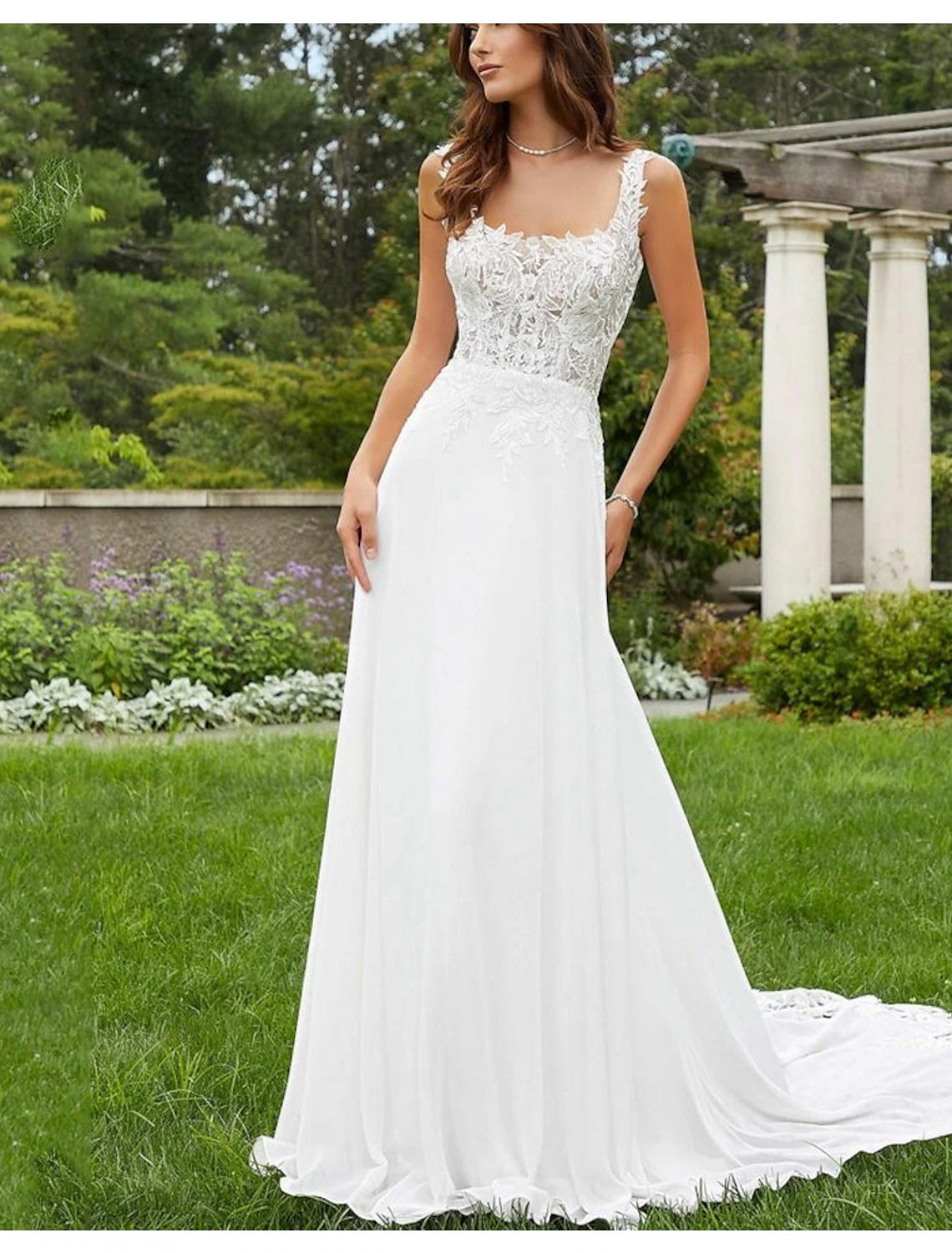 Vestidos de novia bohemios playeros, corte tubo, escote redondo, sin mangas, cola de corte, de gasa, con apliques