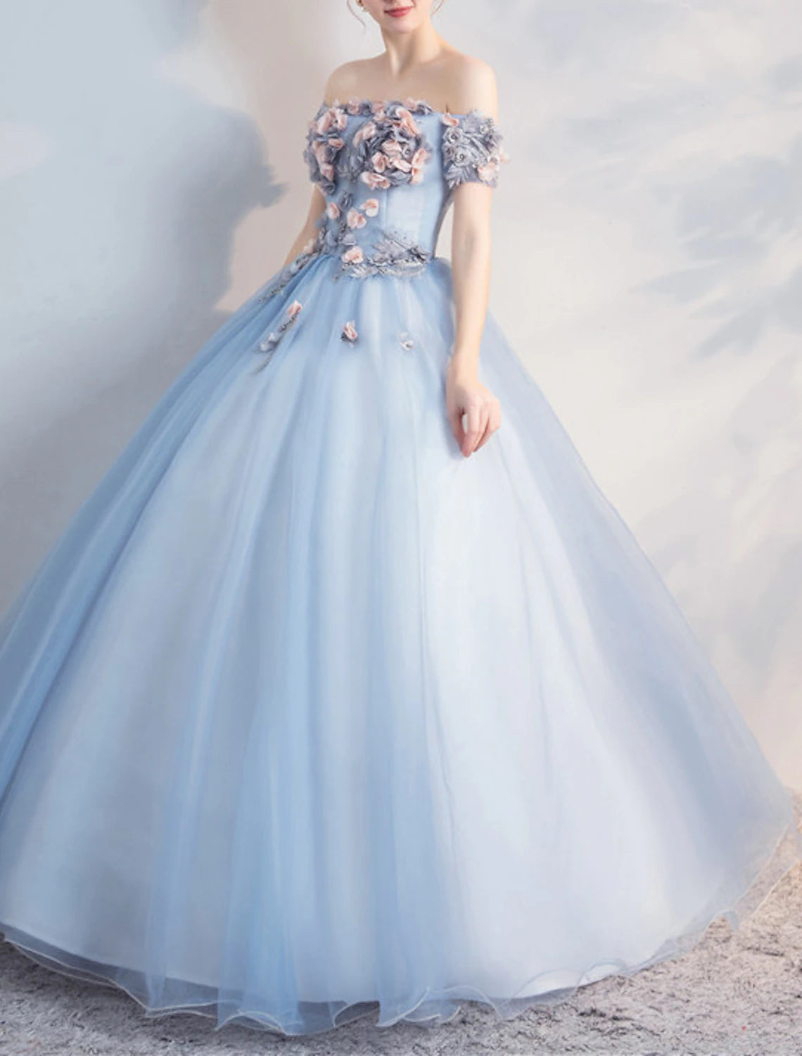 Ball Gown Prom Dresses Floral Dress Quinceanera Prom Floor Length Short Sleeve Off Shoulder Polyester with Appliques Pure Color