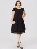 Vestido de madre de la novia con corte tubo/columna, formal, negro, talla grande, transparente, cuello joya, largo hasta la rodilla, gasa, encaje, manga corta, sin pliegues, con inserción de encaje y abalorios