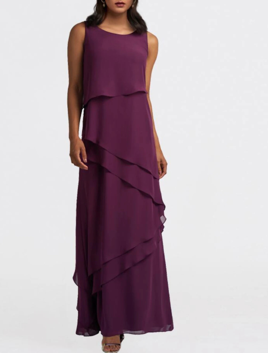 Abito da cerimonia per la madre della sposa in due pezzi, a trapezio, elegante, con scollo gioiello, lunghezza pavimento, in chiffon, senza maniche, con volant a cascata, tinta unita