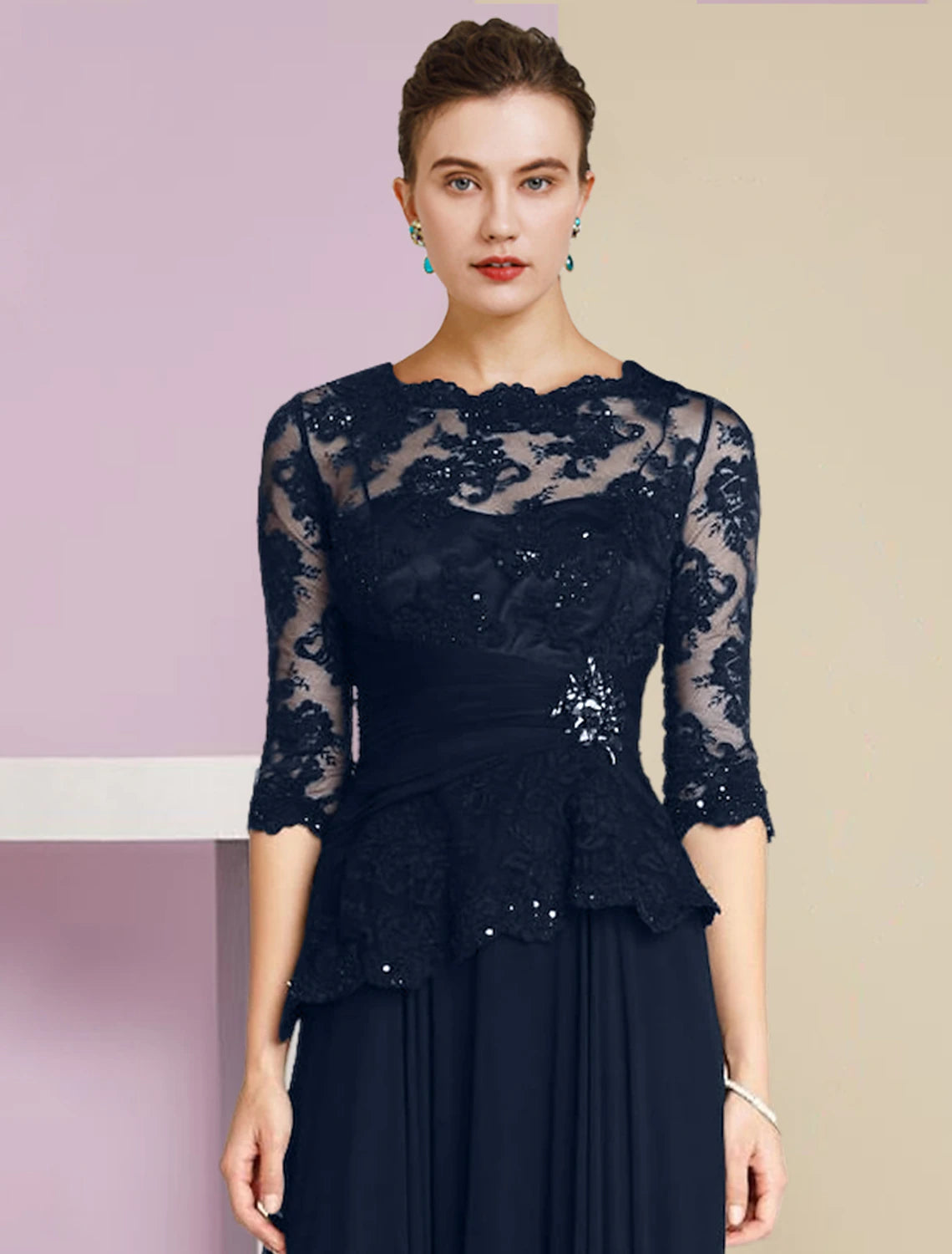 Dark Navy Lace A-Line Floor-Length Evening Dress with Sequins