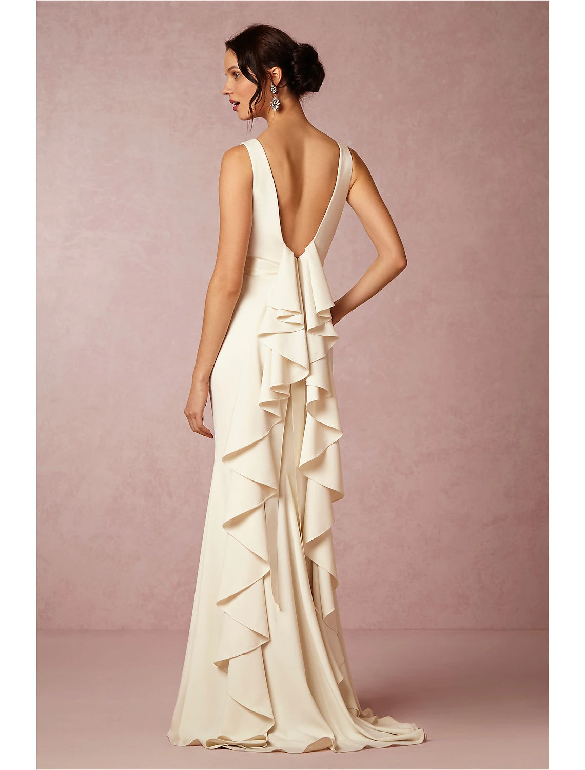 Hall Open Back Simple Wedding Dresses Sheath / Column Scoop Neck Sleeveless Sweep / Brush Train  Fabric Bridal Gowns With Draping Summer Wedding Party