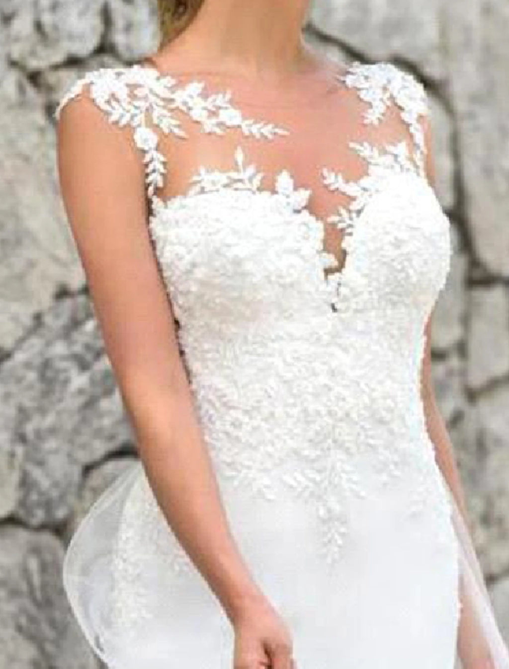Ivory Crepe Mermaid Floor-Length Dress with Illusion Lace Appliques