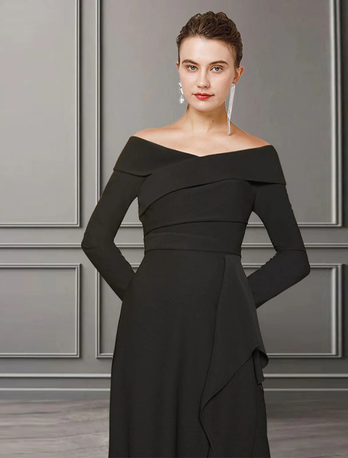 A-Line Mother of the Bride Dress Elegant Off Shoulder Sweep / Brush Train Lace  Fabric Long Sleeve with Ruched Split Front