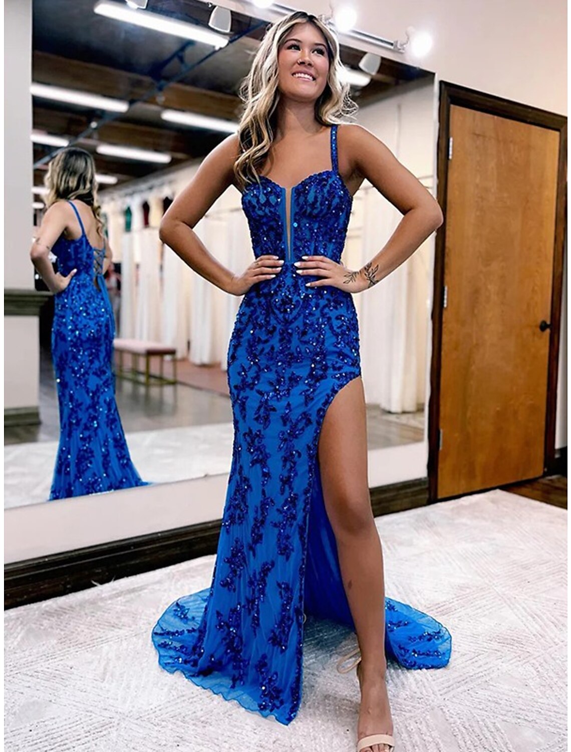 Royal Blue Sequin Mermaid Sweetheart Floor-Length Evening Dress