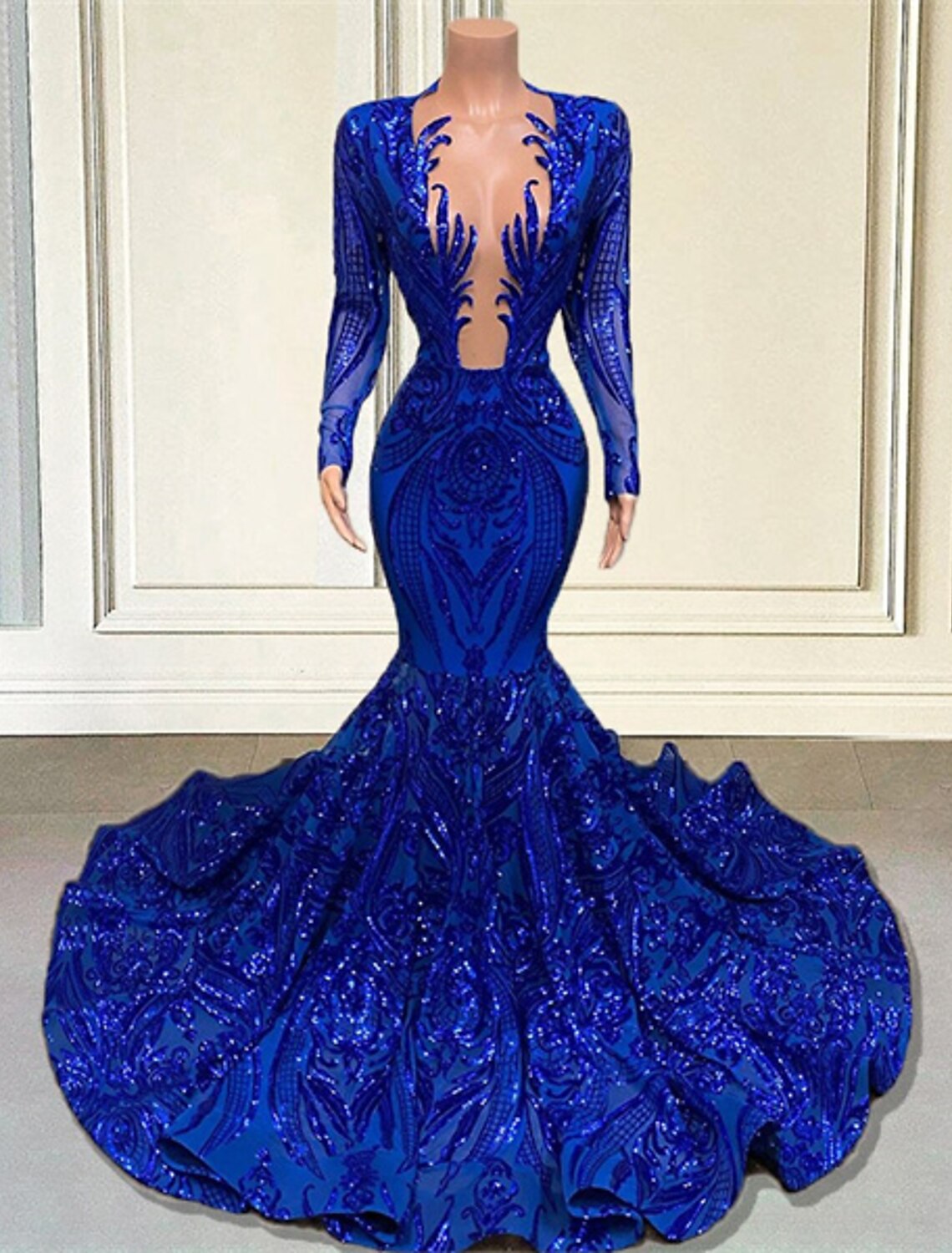 Vestido de noche de sirena/trompeta con brillo y destellos, vestido de carnaval, formal, corte, cola, manga larga, cuello en V, afroamericano, con lentejuelas y abalorios.