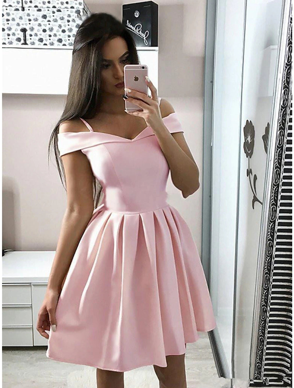Pink Satin A-Line Off-the-Shoulder Short Dress with Pleated Skirt