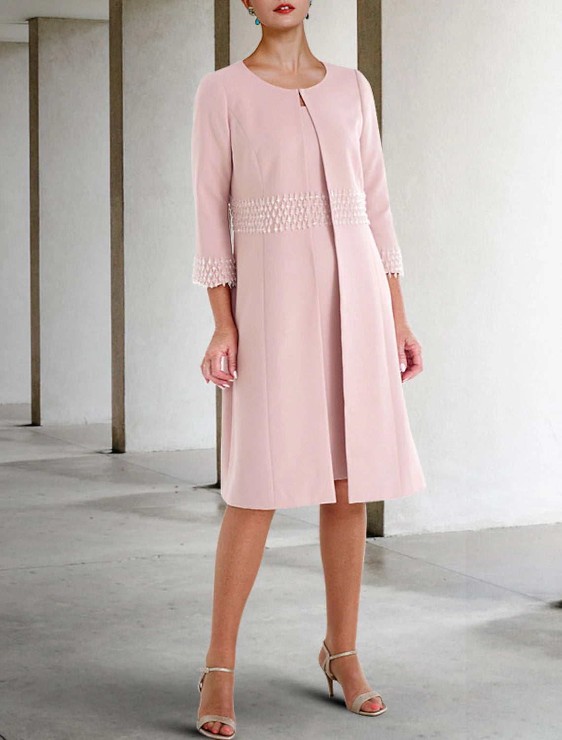 Vestido de dos piezas tipo tubo/columna para madre de la novia, para invitadas de boda, iglesia, elegante, cuello joya, largo hasta la rodilla, tela, manga corta, chaqueta, vestidos con cuentas, otoño