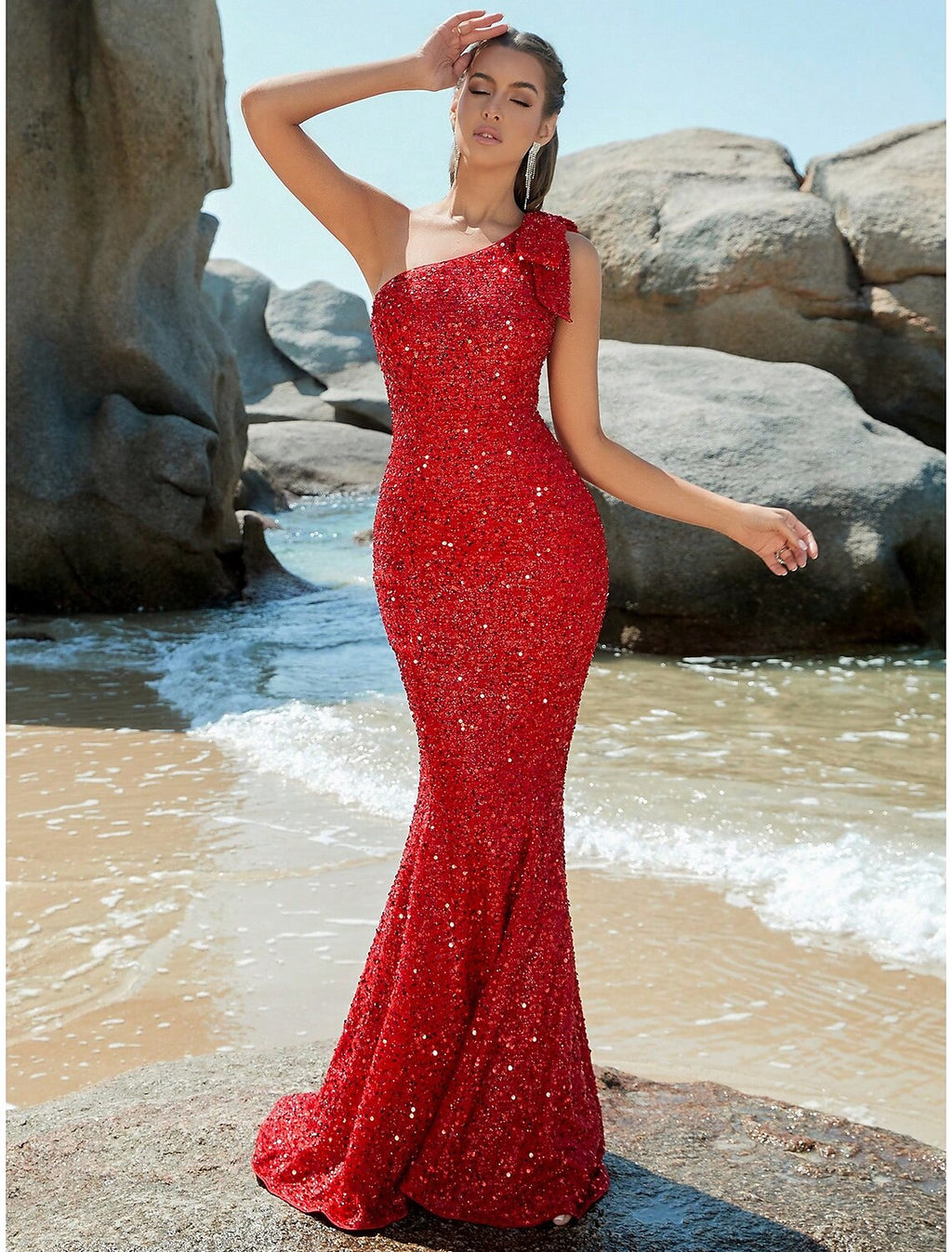 Red Sequin Mermaid Floor-Length Evening Dress