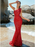 Red Sequin Mermaid One Shoulder Floor-Length Dress