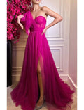 Vestido de fiesta de corte A, sexy, para bodas, fiestas, cumpleaños, cola de corte, sin mangas, un hombro, de tul con lazo(s), abertura, 2025