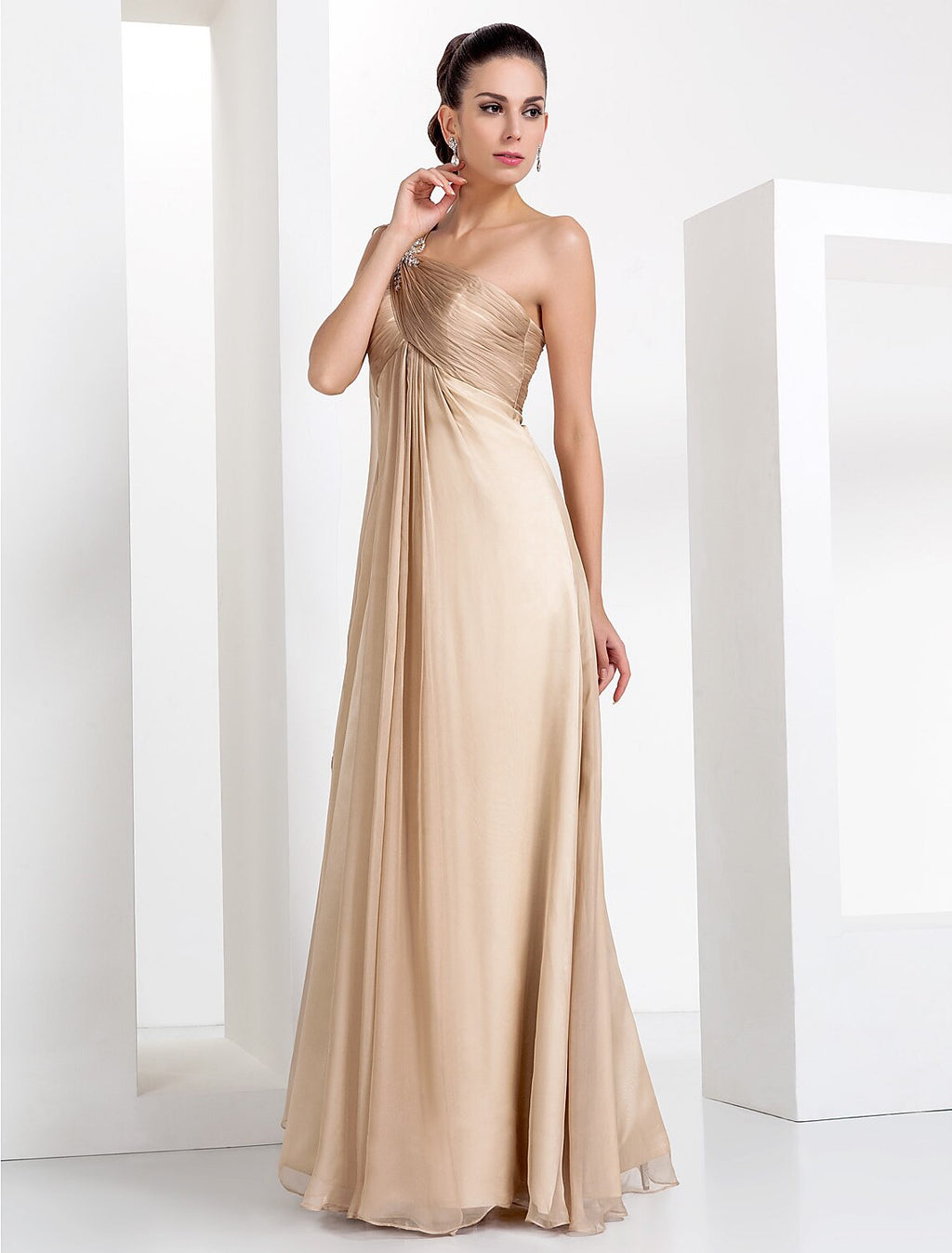 Champagne Chiffon A-Line Floor-Length Evening Dress with One Shoulder & Beaded Strap