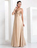 Champagne Chiffon A-Line Floor-Length Evening Dress with One Shoulder & Beaded Strap