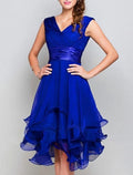 Royal Blue Chiffon A-Line Short V-Neck Dress with Ruched Bodice and Tiered Ruffles