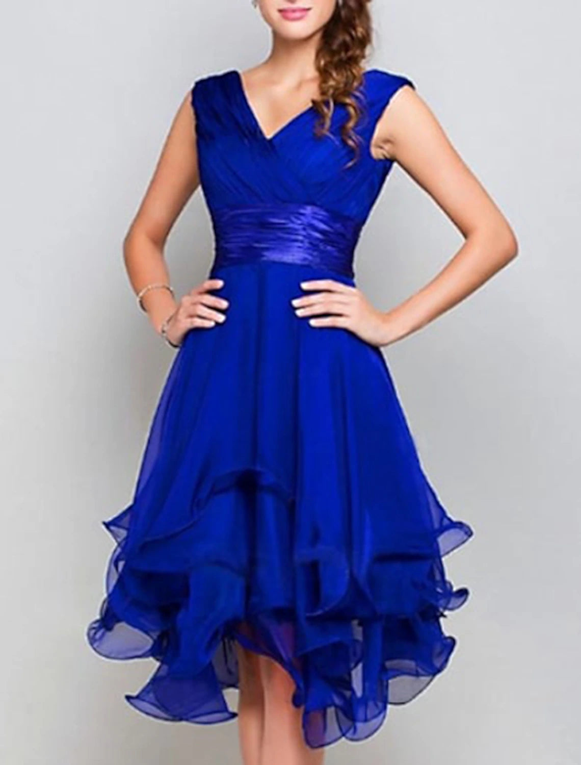 Royal Blue Chiffon A-Line Short V-Neck Dress with Ruched Bodice and Tiered Ruffles