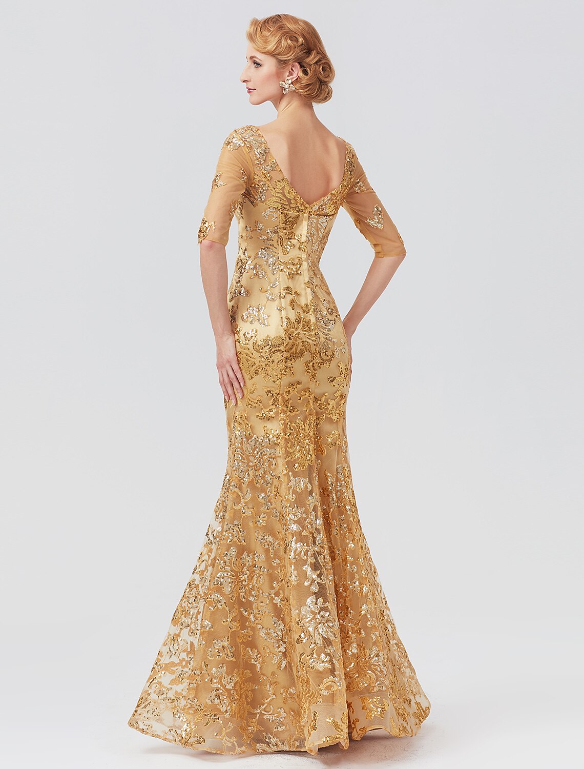 Vestido de sirena/trompeta para madre de la novia, elegante, con brillo y brillo, escote en V, largo hasta el suelo, tul con lentejuelas, media manga con lentejuelas