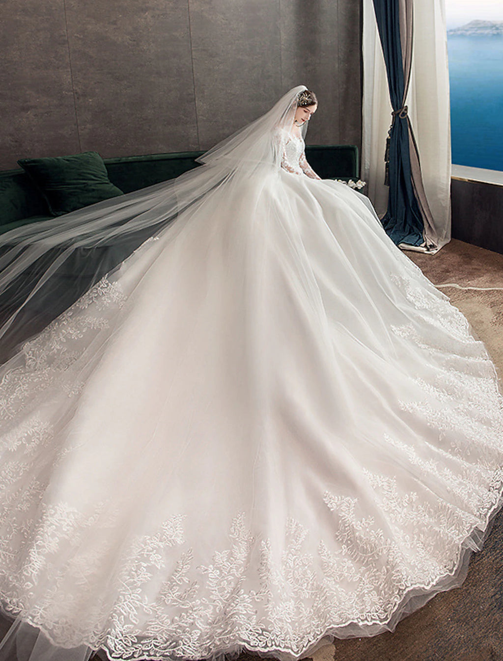 Ivory Lace Ball Gown Floor-Length Wedding Dress with Illusion Long Sleeves