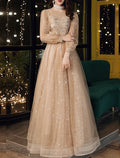 Abiti da ballo a trapezio, graziosi abiti da cerimonia, da invitare a nozze, lunghi fino al pavimento, con scollo gioiello, in tulle con applicazioni di paillettes