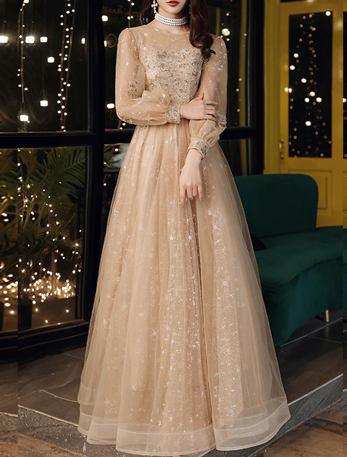 Vestidos de fiesta de corte A, bonitos vestidos de fiesta para invitados de boda, largos hasta el suelo, manga larga, cuello joya, tul con apliques de lentejuelas
