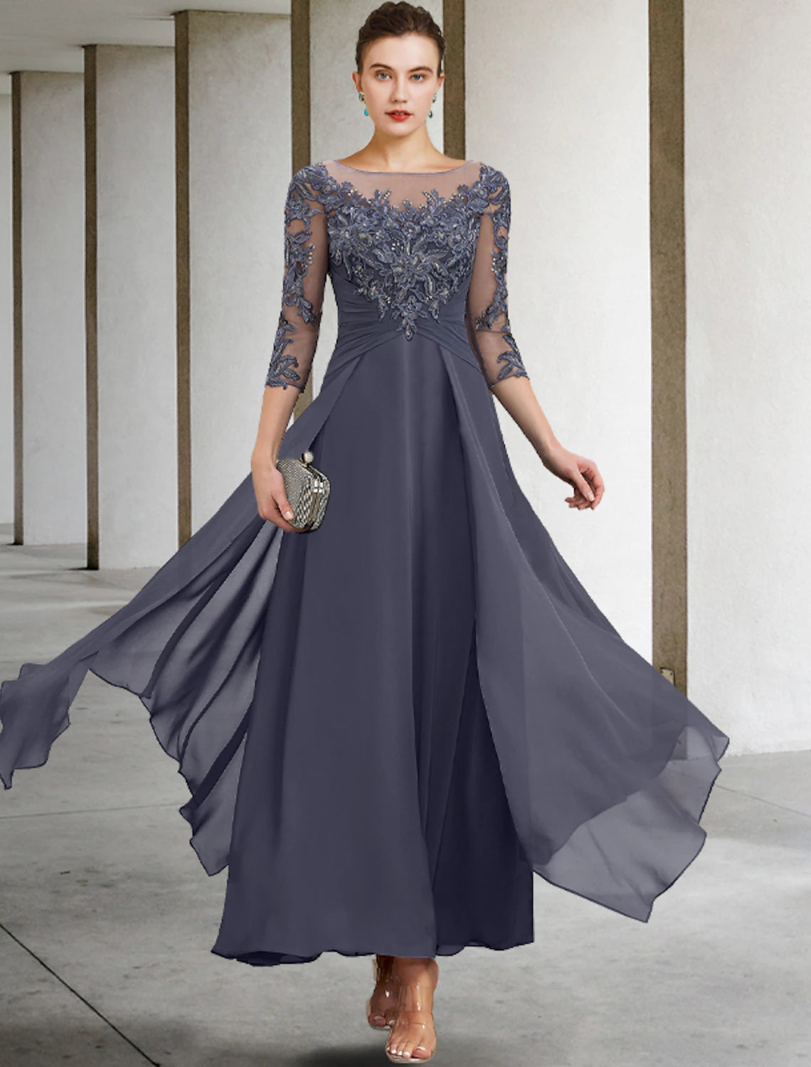 Abito da sposa a trapezio con applicazioni, per invitati a matrimoni autunnali, taglie forti, elegante, scollo a barchetta, lunghezza alla caviglia, in chiffon, pizzo, paillettes, manica a 3/4 con arricciatura