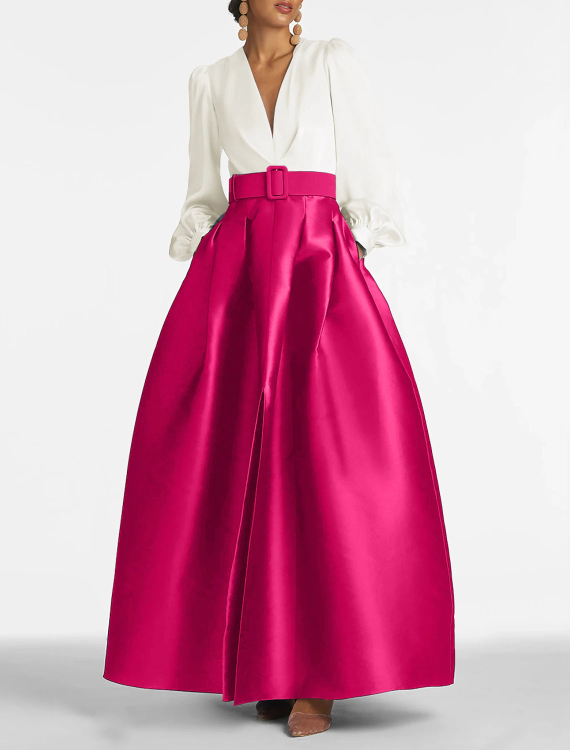 Abito da sera a trapezio con spacco alto, abito da cerimonia per invitati a nozze, lunghezza al pavimento, manica lunga, scollo a V, cintura/fascia in raso con spacco a pieghe