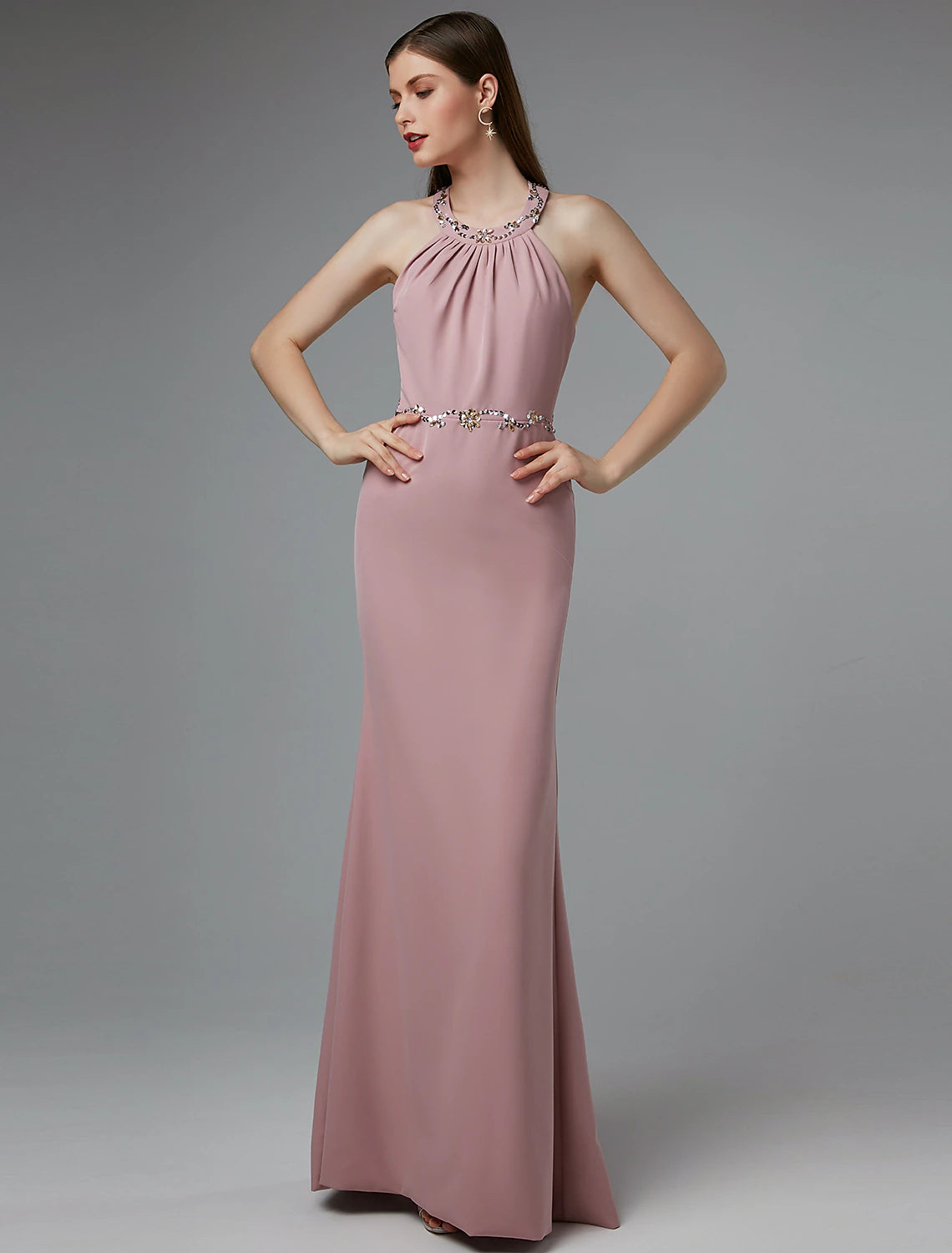Vestido tubo/columna con espalda hermosa, para invitados de boda, graduación, largo hasta el suelo, sin mangas, cuello halter, licra, espalda cruzada con cuentas