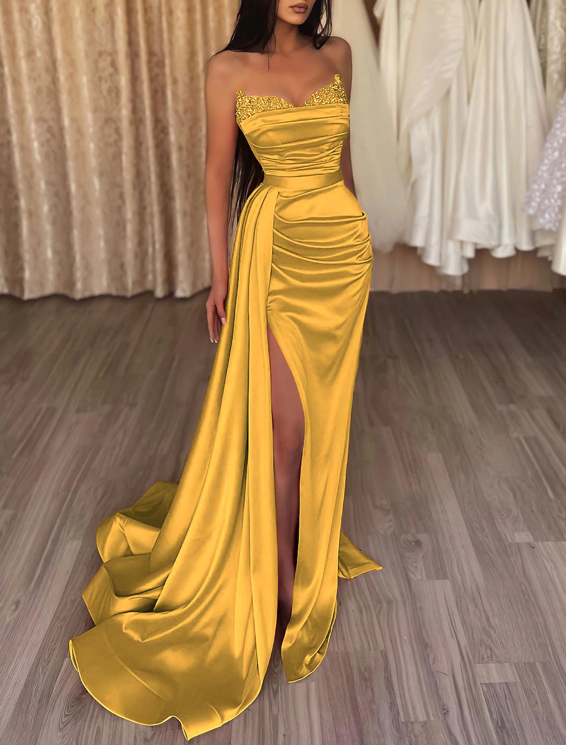 Mermaid Ruched Evening Gown Satin Dress Cocktail Party Prom Court Train Sleeveless Strapless Bridesmaid Dress with Beading Sequin Pure Color 2025