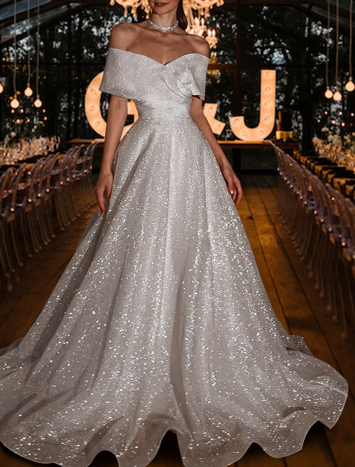 Vestidos de novia casuales Hall Sparkle &amp; Shine, corte A, hombros descubiertos, mangas cortas, cola larga y lentejuelas, color liso