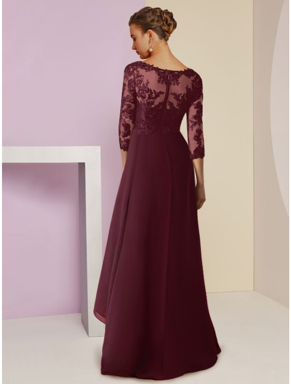 Burgundy Lace V-Neck A-Line High-Low Evening Dress