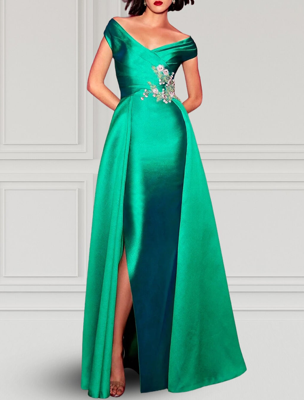 Vestido de noche de corte A, vestido de fiesta, elegante, vestido formal de otoño, largo hasta el suelo, manga corta, cuello en V, satén con apliques de abertura.