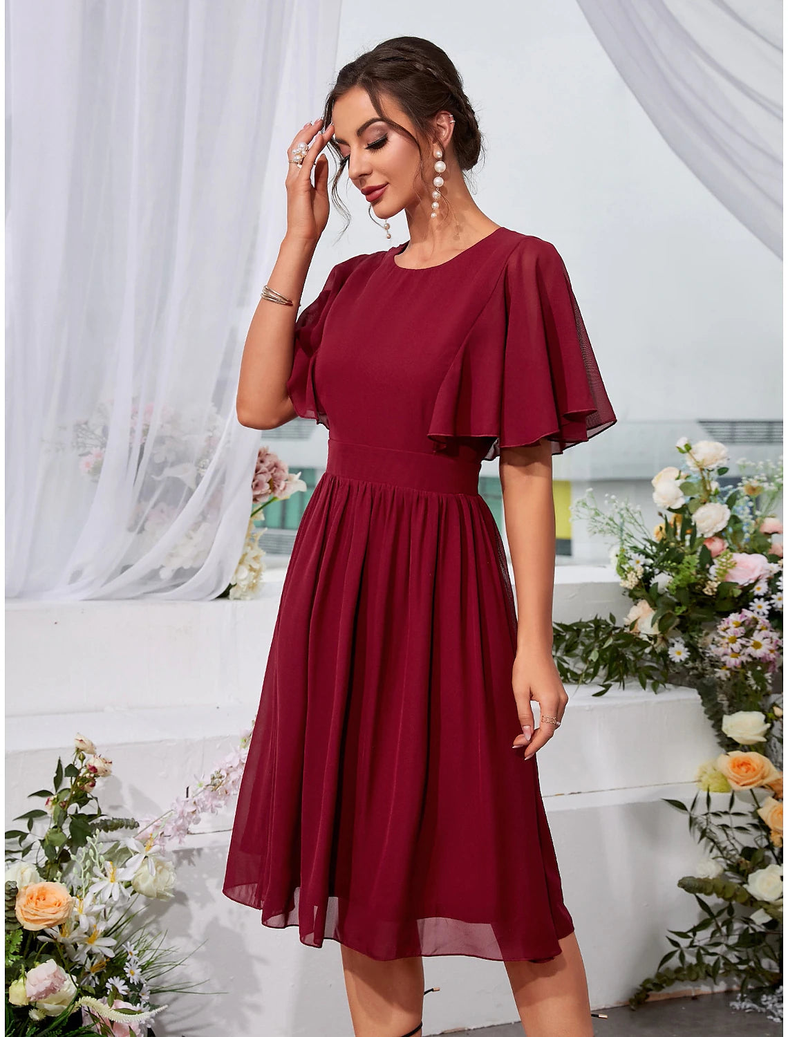 Burgundy Chiffon A-Line Midi Bridesmaid Dress with Flutter Sleeves