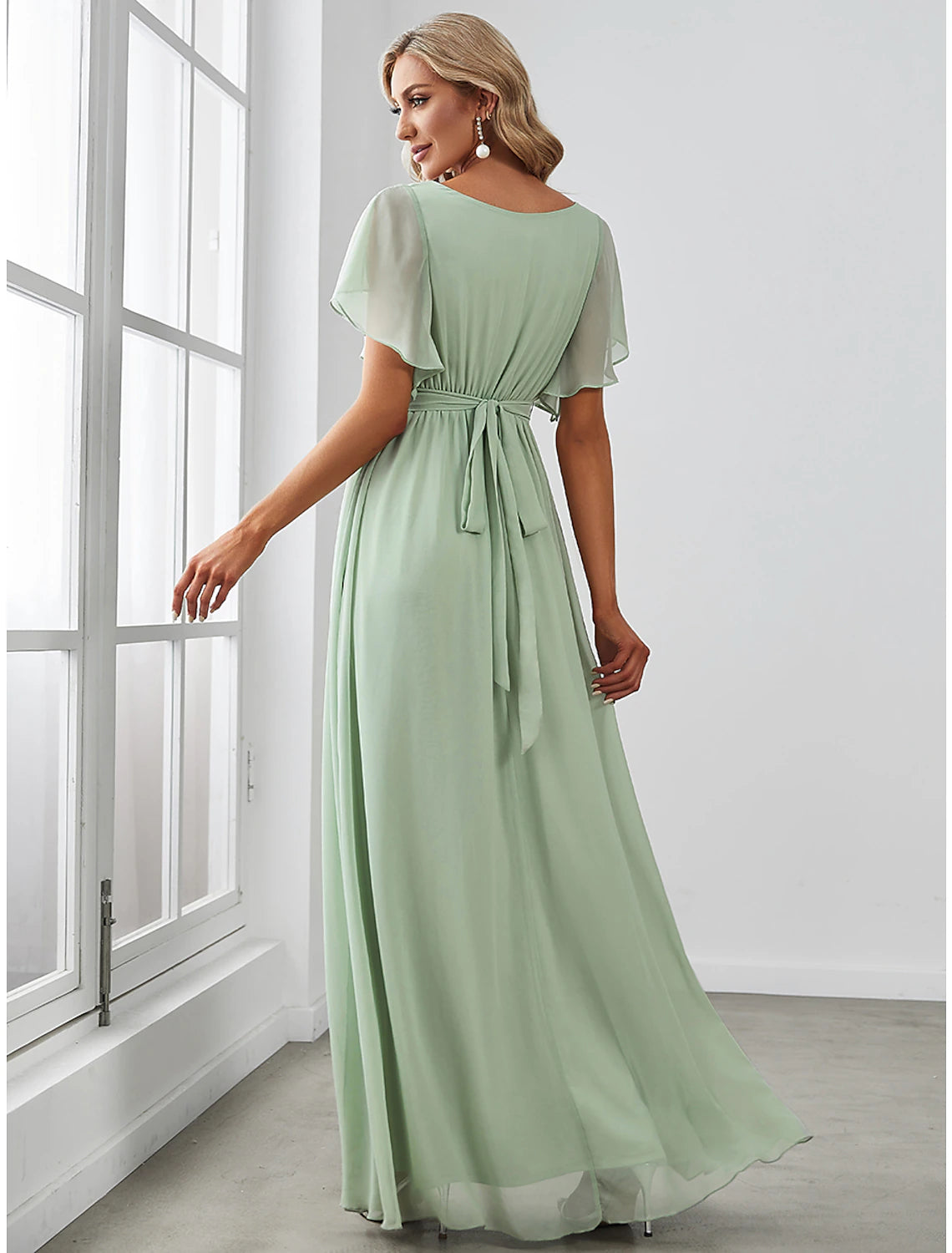 Sage Green A-Line Floor-Length Bridesmaid Dress with Pleated Bodice and Flutter Sleeves